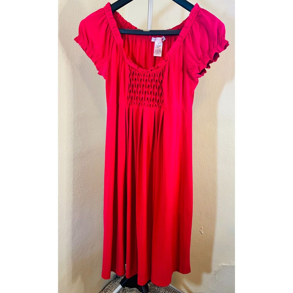 London Times Red Lattice Bodice Pleated Midi Dress - 8